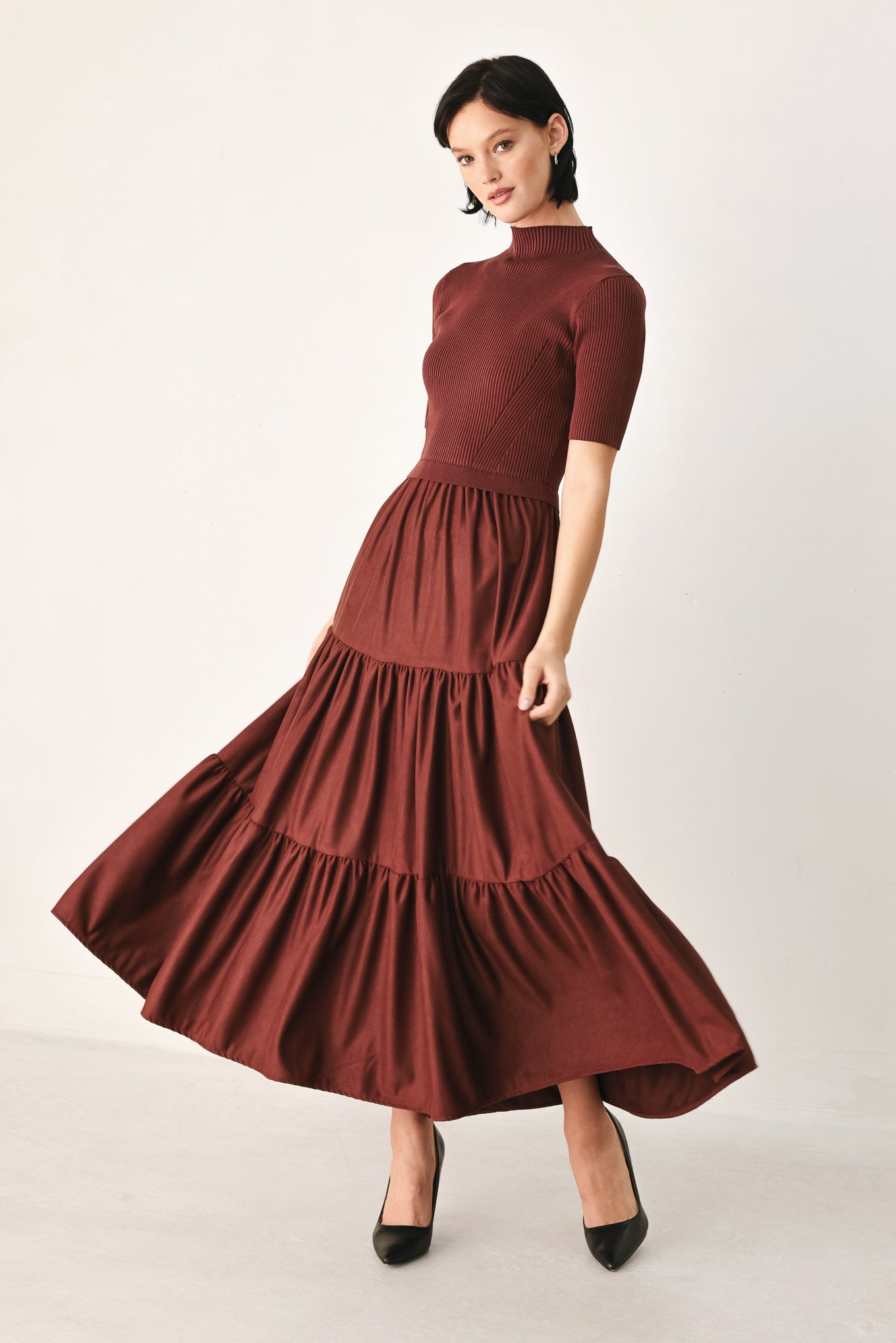 Flying Tomato Autumn Love Story Tiered Midi Dress in brick