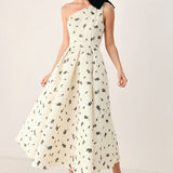 PERFECTLY POISED ONE SHOULDER BOW MIDI DRESS