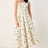 PERFECTLY POISED ONE SHOULDER BOW MIDI DRESS