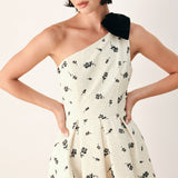 PERFECTLY POISED ONE SHOULDER BOW MIDI DRESS