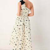 PERFECTLY POISED ONE SHOULDER BOW MIDI DRESS