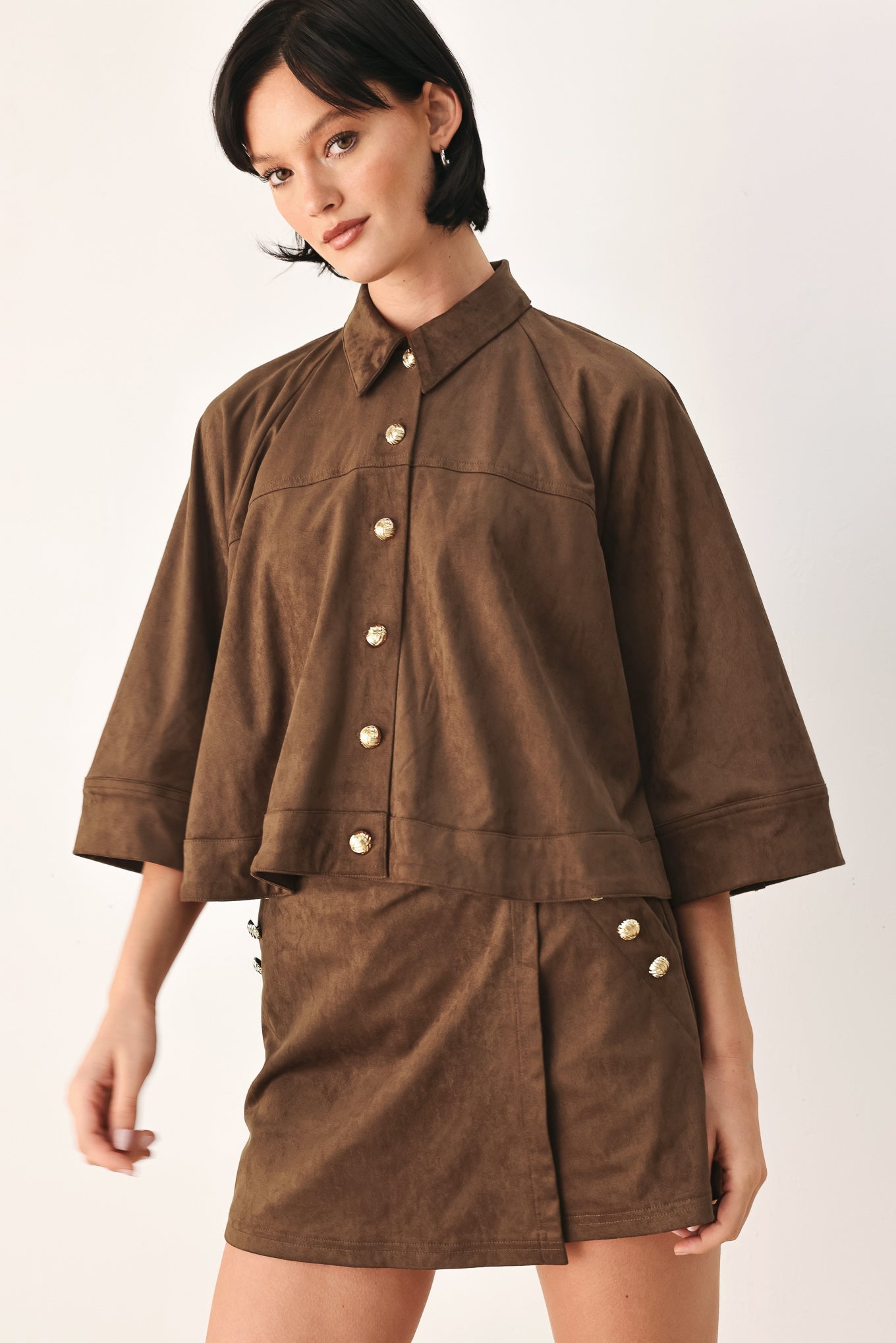 Flying Tomato Suede Escape Cropped Jacket in brown