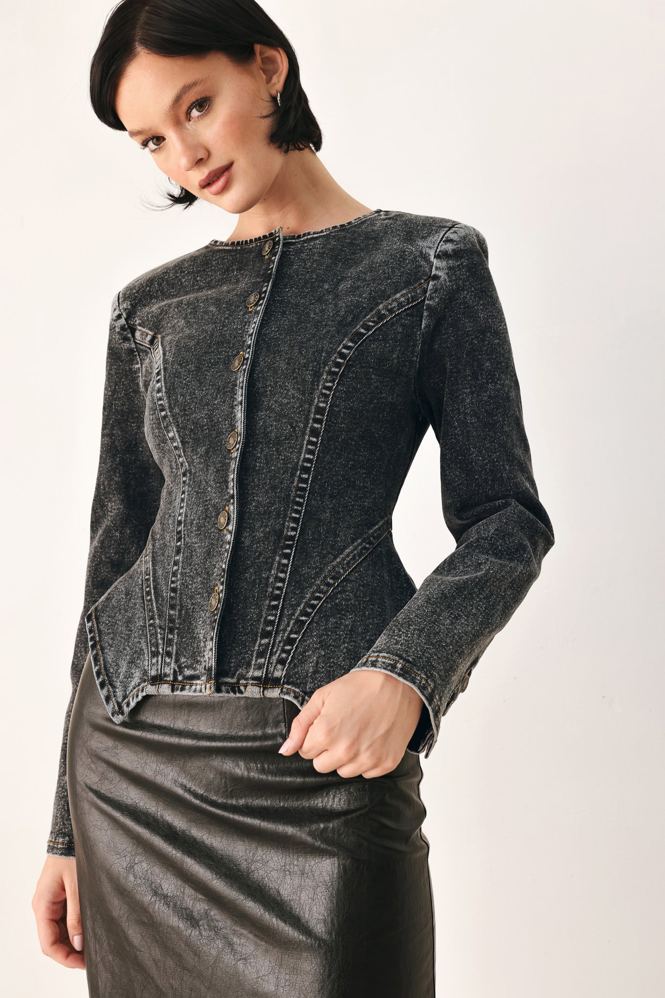Flying Tomato Downtown Edge Acid Wash Peplum Jacket in black