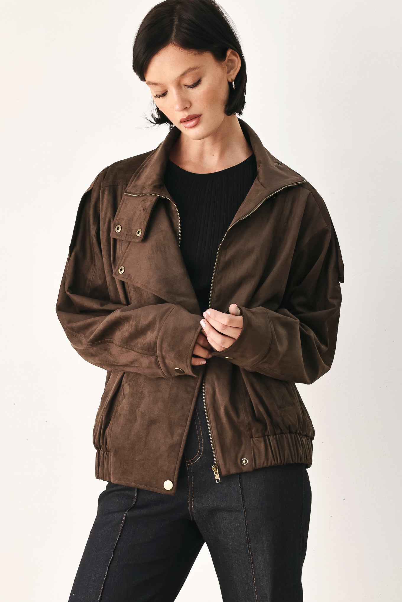 Flying Tomato Downtown Darling Faux Leather Bomber Jacket in brown