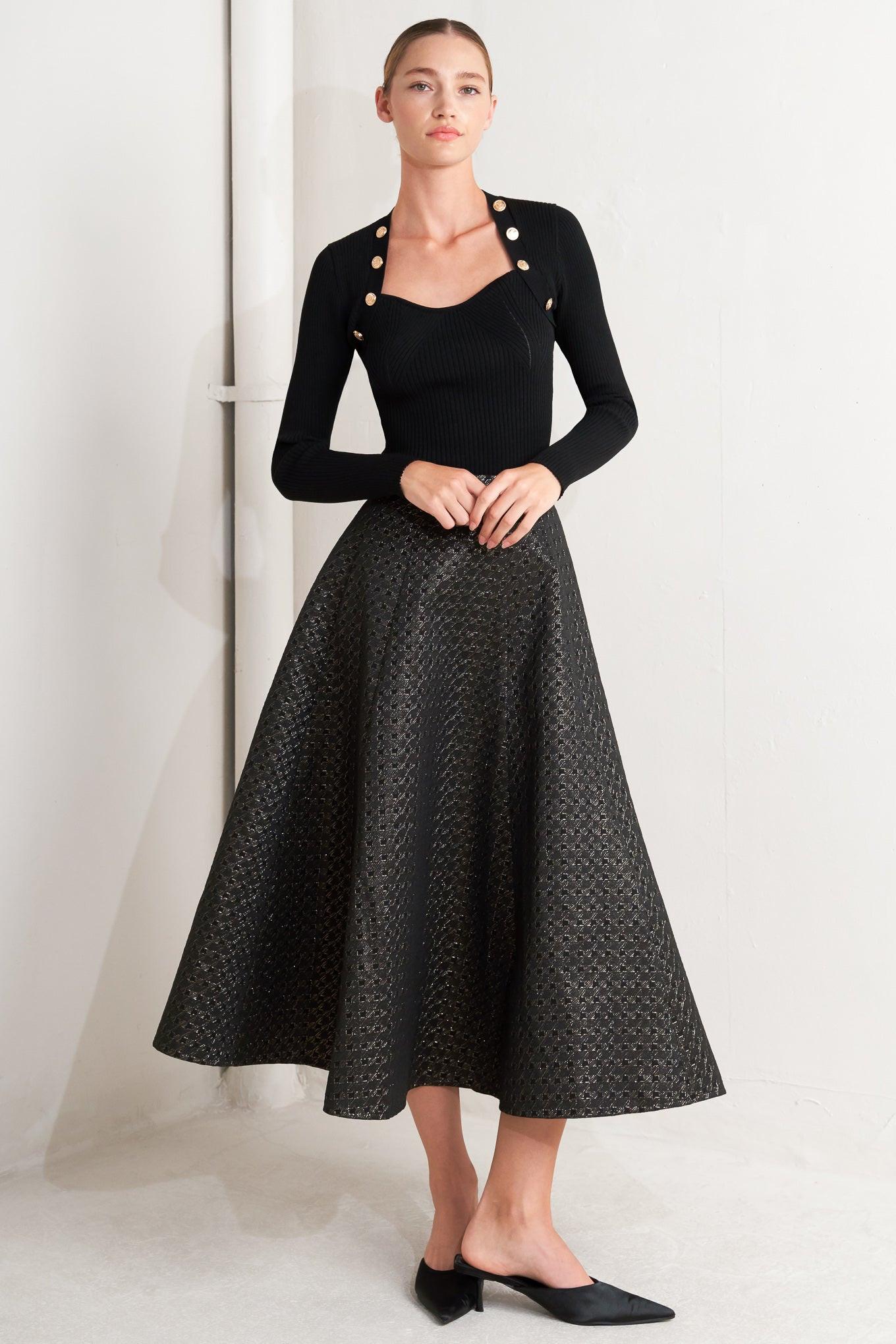 Flying Tomato Evening Sculpt Metallic Woven Circle Skirt in black/gold