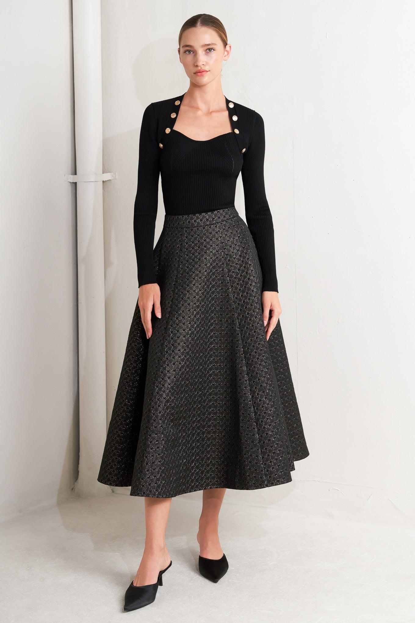Flying Tomato Evening Sculpt Metallic Woven Circle Skirt in black/gold