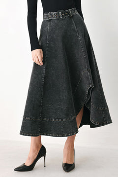 Flying Tomato Shadow Stitch Romance Denim Midi Skirt in black