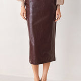 PORT WINE HIGH-RISE FAUX LEATHER SKIRT