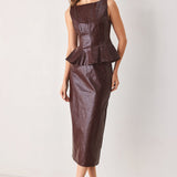 PORT WINE HIGH-RISE FAUX LEATHER SKIRT