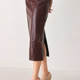 PORT WINE HIGH-RISE FAUX LEATHER SKIRT