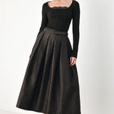 AUTUMN ELEGANCE BROWN TEXTURED BELTED MIDI SKIRT