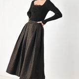 AUTUMN ELEGANCE BROWN TEXTURED BELTED MIDI SKIRT