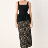 LACE THEORY BLACK LACE PENCIL MIDI SKIRT