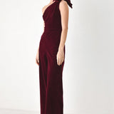 BERRY AFTER DARK VELVET BOW ONE-SHOULDER JUMPSUIT