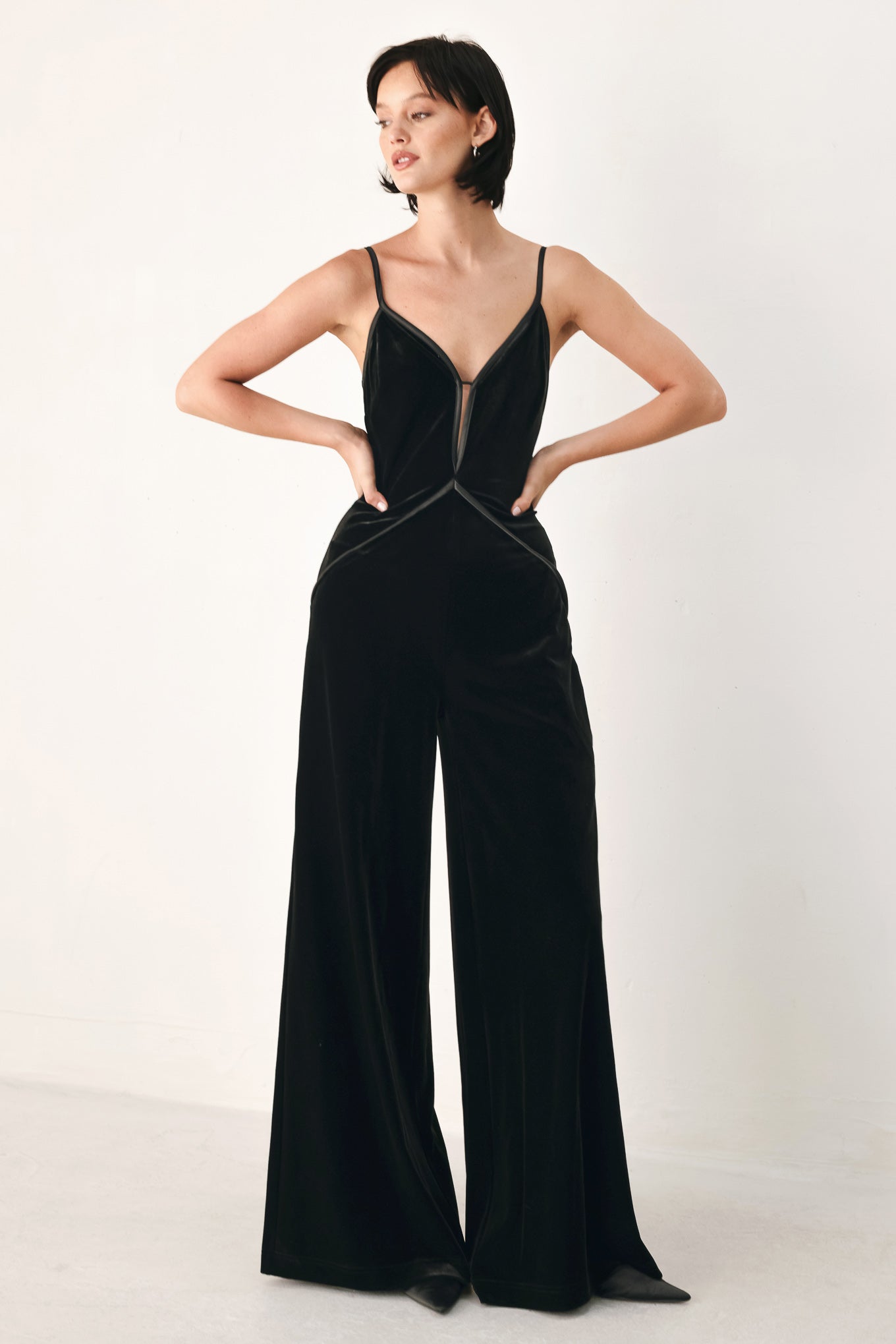 Flying Tomato Velvet Hour Sweetheart Wide Leg Jumpsuit in black