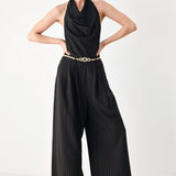 MIDNIGHT POISE BLACK HALTER BELTED WIDE-LEG JUMPSUIT