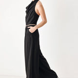 MIDNIGHT POISE BLACK HALTER BELTED WIDE-LEG JUMPSUIT