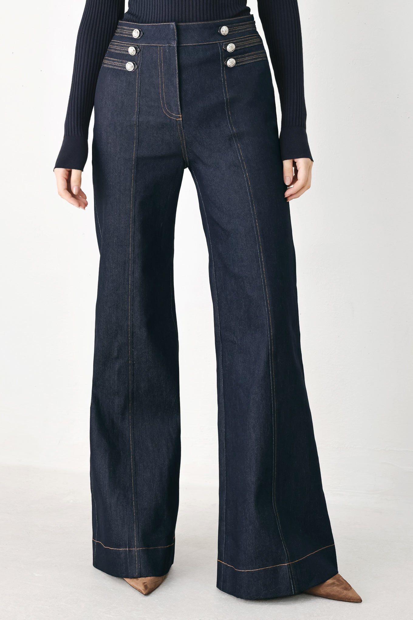 Flying Tomato Indigo Impression Button Detail Flare Jeans in dark indigo