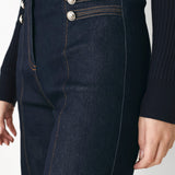 INDIGO IMPRESSION BUTTON DETAIL FLARE JEANS