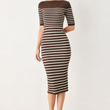 TRENDY CHOCOLATE STRIPE SWEATER MIDI DRESS