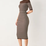TRENDY CHOCOLATE STRIPE SWEATER MIDI DRESS