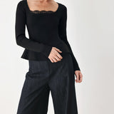 SWEET DEVOTION BLACK LACE-TRIM SQUARE NECK SWEATER