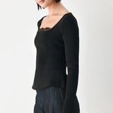 SWEET DEVOTION BLACK LACE-TRIM SQUARE NECK SWEATER