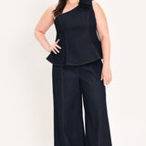 INDIGO BOW ONE SHOULDER DENIM TOP