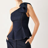 INDIGO BOW ONE SHOULDER DENIM TOP