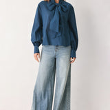 OCEAN INK PUSSY-BOW WOVEN TOP