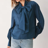 OCEAN INK PUSSY-BOW WOVEN TOP