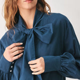 OCEAN INK PUSSY-BOW WOVEN TOP
