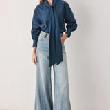 OCEAN INK PUSSY-BOW WOVEN TOP