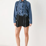 CASUAL ENCOUNTER INDIGO RUCHED DENIM BUTTON-DOWN TOP