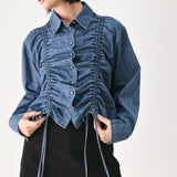 CASUAL ENCOUNTER INDIGO RUCHED DENIM BUTTON-DOWN TOP