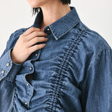 CASUAL ENCOUNTER INDIGO RUCHED DENIM BUTTON-DOWN TOP