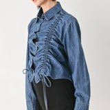 CASUAL ENCOUNTER INDIGO RUCHED DENIM BUTTON-DOWN TOP