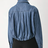 CASUAL ENCOUNTER INDIGO RUCHED DENIM BUTTON-DOWN TOP