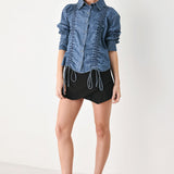 CASUAL ENCOUNTER INDIGO RUCHED DENIM BUTTON-DOWN TOP