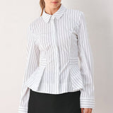 MODERNIST PINSTRIPE FLARED-WAIST WOVEN TOP