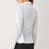 MODERNIST PINSTRIPE FLARED-WAIST WOVEN TOP