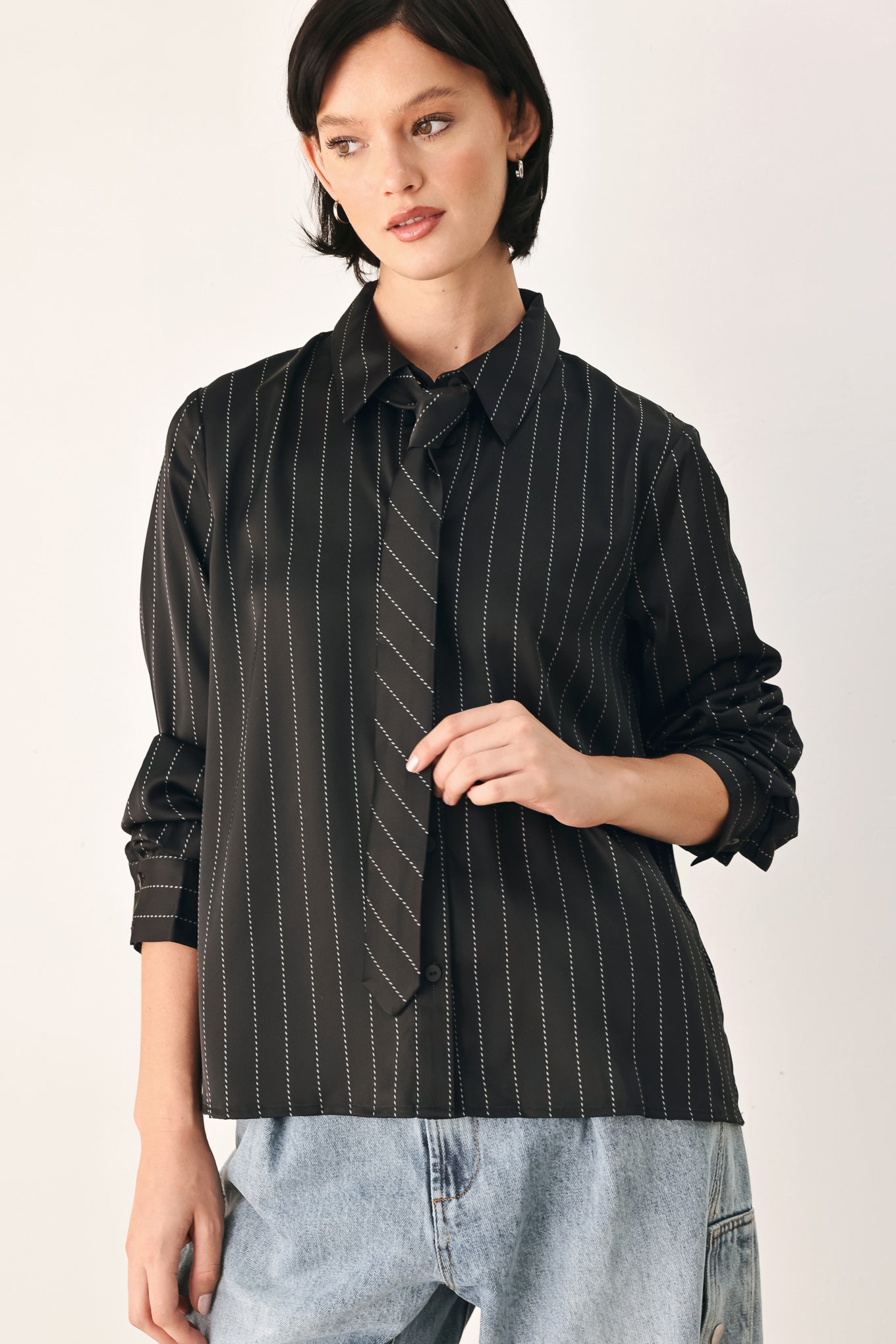 Flying Tomato City After Dark Tie Front Striped Top in black