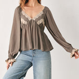 GREIGE ROMANTIC LACE-TRIM WOVEN TOP