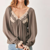 GREIGE ROMANTIC LACE-TRIM WOVEN TOP