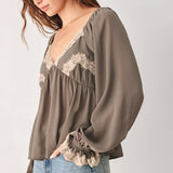 GREIGE ROMANTIC LACE-TRIM WOVEN TOP