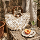 Handmade Shell Handbag Pearl Shell Tote Bag with Wooden Handle