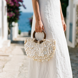 Handmade Shell Handbag Pearl Shell Tote Bag with Wooden Handle