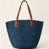 Handwoven Raffia Tote Bag With Leather Handles