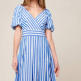 SUNSET STEPS BLUE WOVEN MIDI DRESS