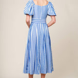 SUNSET STEPS BLUE WOVEN MIDI DRESS